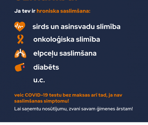 Veselības ministrija aicina cilvēkus ar hroniskām saslimšanām veikt COVID-19 testus; simptomiem nav jābūt Veselības ministrija aicina cilvēkus ar hroniskām saslimšanām veikt COVID-19 testus; simptomiem nav jābūt